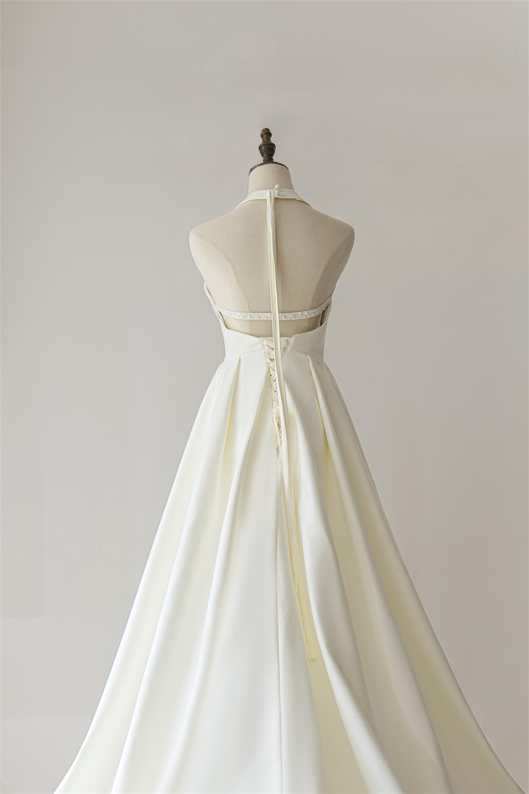 French A-Line Wedding Dresses Deep V Satin Simple Hepburn Style Backless tight bodice Bohemian retro charming RL1098