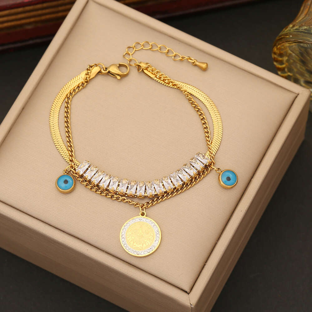 New Arrivals designer Jewelry Zircon Stainless Steel Double Layer Chain Drop Oil Eye Collar Chain Coin Necklace N1259 Celtic