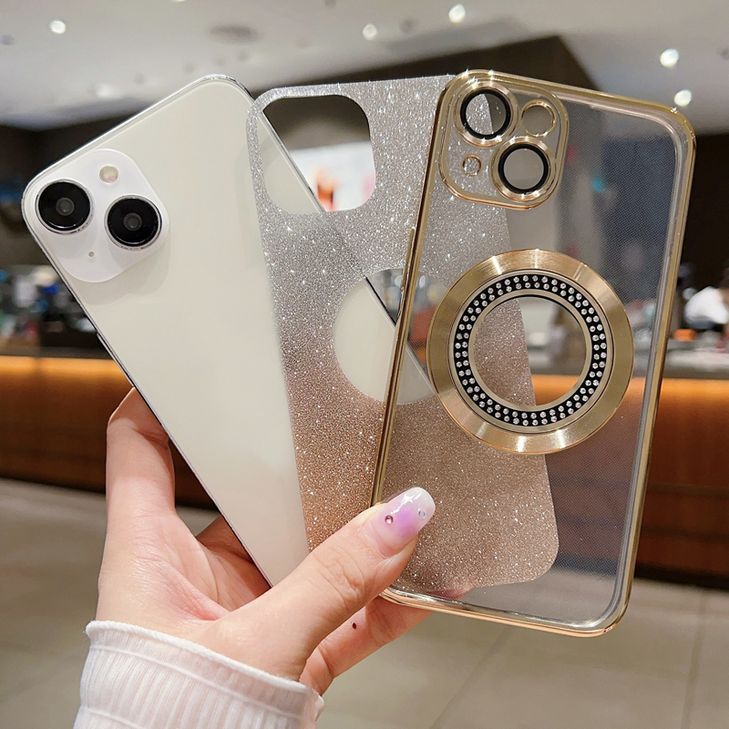 Bling Gradient parıltılı manyetik kablosuz şarj kutuları iPhone 15 artı 14 13 Pro Max 12 11 Yumuşak TPU Kamera Lens Koruyucu Krom Kaplama Elmas İnce Delik Kapağı