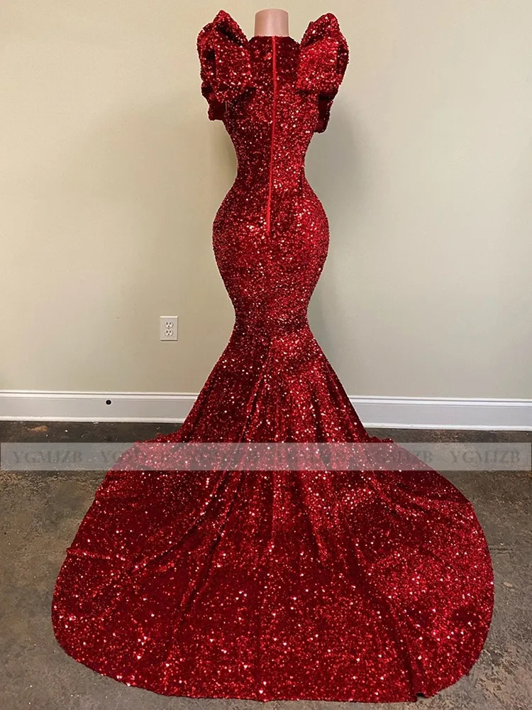 Robe de bal longue à paillettes scintillantes pour fille noire, style sirène, col en v, volants, sans manches, bordeaux, robe de soirée formelle de Gala, 2024