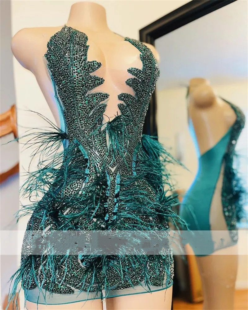 Sexy Hunter Green Sparkly Diamonds Short Prom Dress Glitter Crystals Rhinestone Beading Feathers Homecoming Cocktail Party Wear