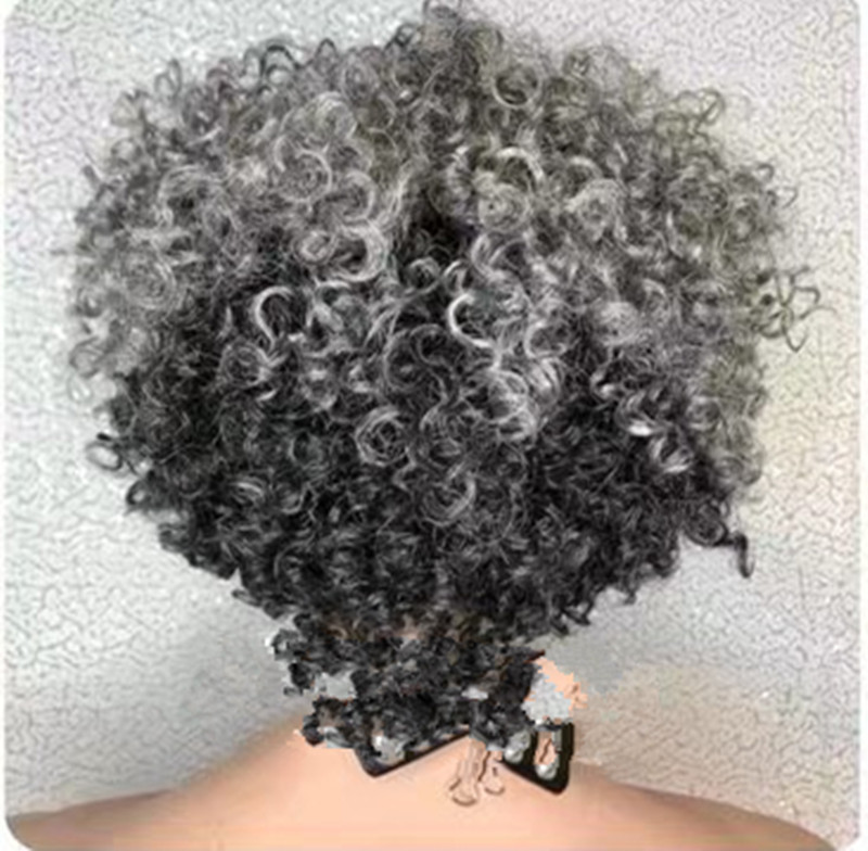 Parrucca capelli umani grigio colpo, sale e pepe argento, ricci afro crespi con frangia, senza pizzo, parrucca senza colla donne nere