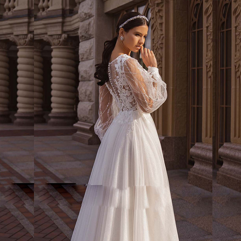 Robes de mariée avec corsage d'illusion, manches longues, robe de mariée perlée, ligne A élégante, robe de mariée en dentelle