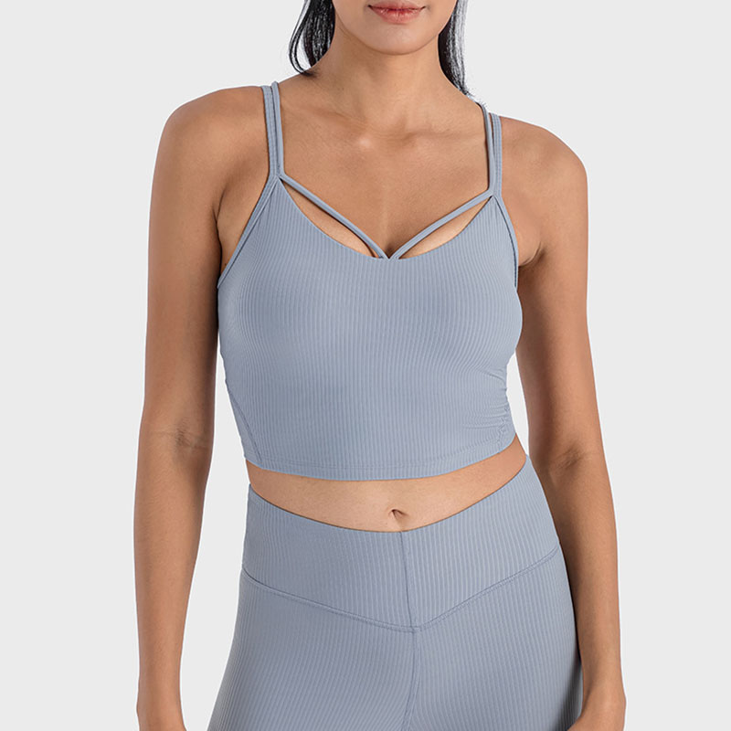 Débardeur de yoga pour femme avec buste rembourré, fines bretelles sexy, beau dos, haute élasticité, soutien-gorge de sport ajusté, nouveau design côtelé 2.0