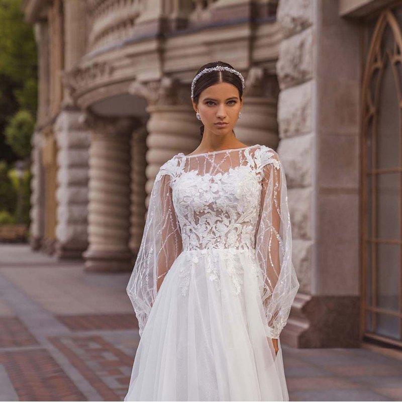 Robes de mariée avec corsage d'illusion, manches longues, robe de mariée perlée, ligne A élégante, robe de mariée en dentelle