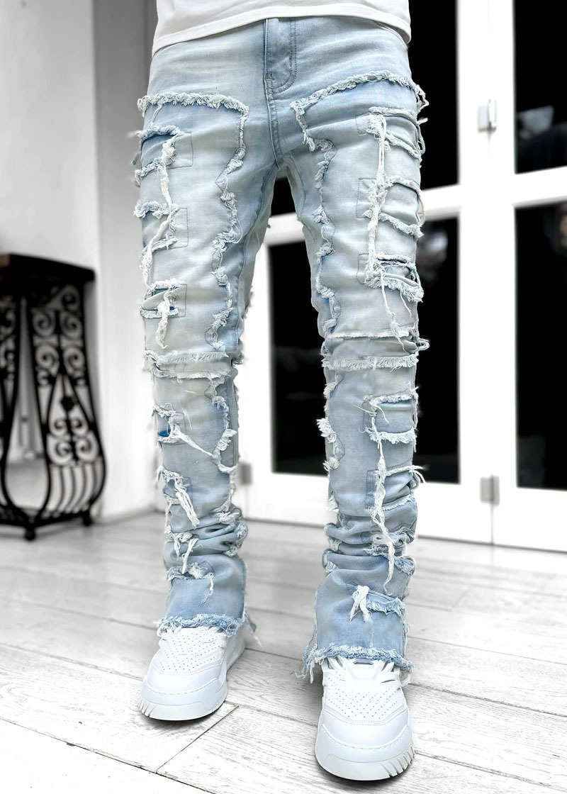 Herr jeans män denim rak ben pants gata mode elastisk lapp lapptäcke jean långa raka byxor designer jeans ljus blå s-xxl vintage sliten design