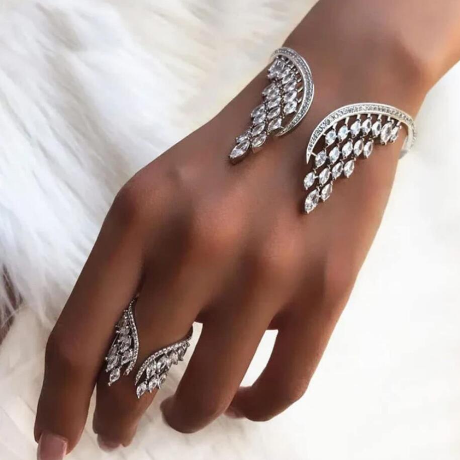 Fashion Angel Wings Crystal Ring Bracelet Adjustable Jewelry for Women Bridal Alloy Open Ring Engaged Wedding Accessories Sets