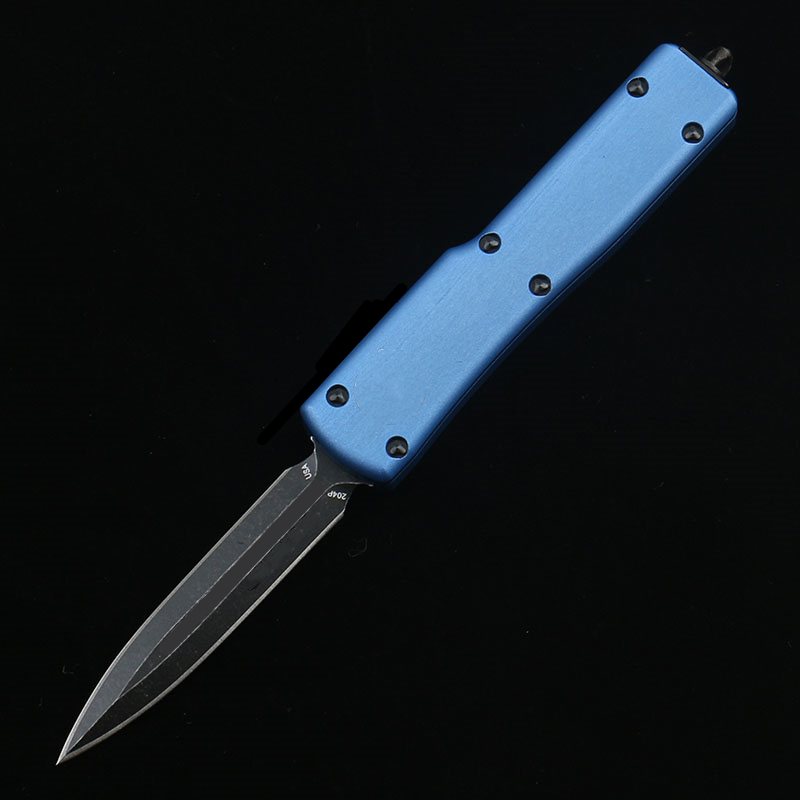 DQF Version Bleu Mini US Style Italien 70 Couteaux Couteau tactique de combat Stone Wash D2 Lame en acier 6061-T6 Aviation Poignée en alliage d'aluminium Couteau de camping en plein air Outils EDC
