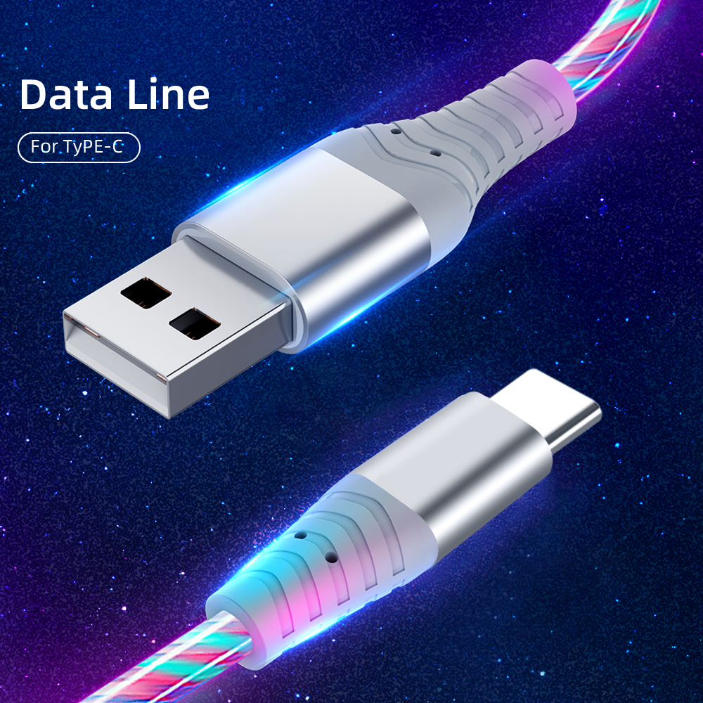 Fast Charging Cable 6A Glowing LED Cable Micro USB TypeC Data Cable Flowing Streamer Light LED USB C Cord for Samsung Xiaomi