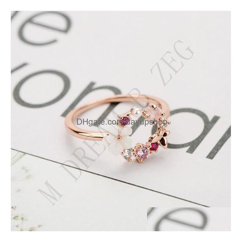 Mode Creative Papillon Fleurs Cristal Bagues Pour Femmes Rose Or Zircon Glamour Bague Bijoux Fille Cadeau Drop Livraison Dhu4T