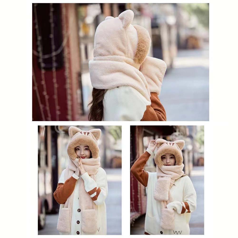 Harajuku Korean Japanese Cute Girl Gloves Cat Bear Ear Scarf Hat Gloves One-Piece Cap Winter Warm Plush Shield Birthday Gift