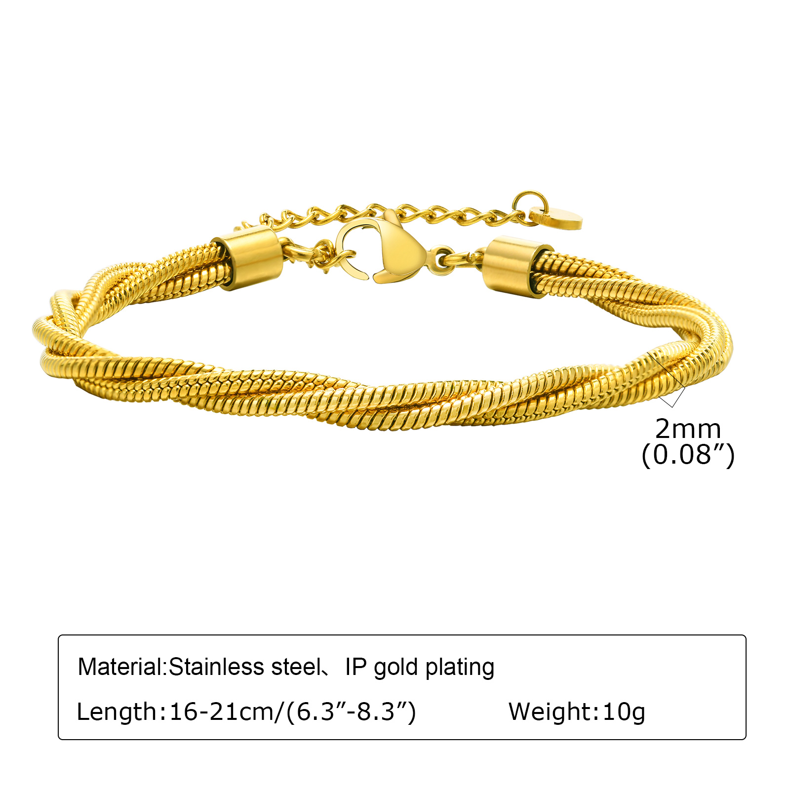 Bracciale intrecciato con catena a triplo serpente multistrato in acciaio inossidabile, gioielli con maglie, 2 mm, 8,3 pollici, placcato oro le donne ragazze m1539