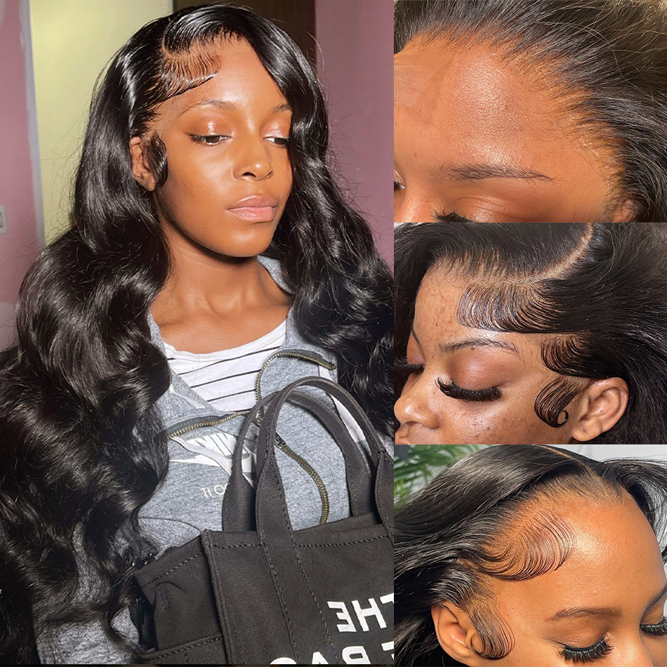 İnsan saçı frontal peruk gövde dalgası hd dantel peruk Hint dalgalı 13x4 dantel ön peruk kadınlar için parlak sentetik siyah peruk