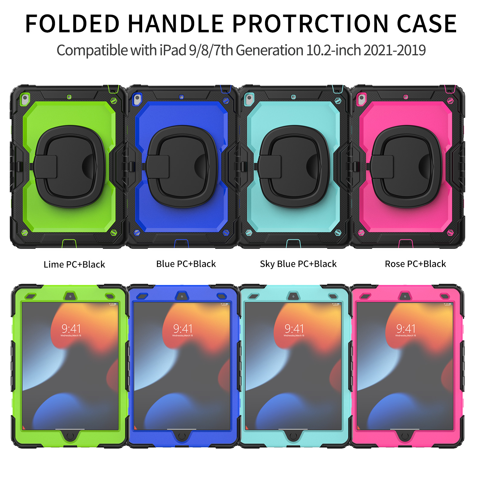 For iPad 10.2 inch 7th 8th 9th Gen Case Folding Handle Grip 360 Rotating Stand Cover Heavy Duty Silcione Shockproof Kids Safe Cases With S Pen Holder +Shoulder Strap