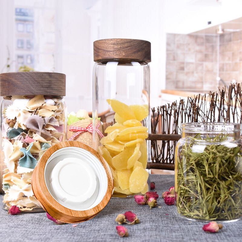 Vorratsglas für Lebensmittel mit Schraubdeckel, Behälter aus Borosilikatglas, luftdichter Glasbehälter mit Deckel aus Akazienholz