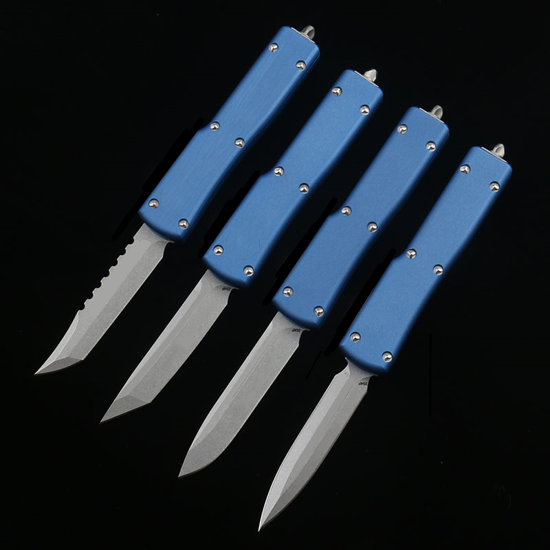 DQF Version Bleu Mini US Style Italien 70 Couteaux Couteau tactique de combat Stone Wash D2 Lame en acier 6061-T6 Aviation Poignée en alliage d'aluminium Couteau de camping en plein air Outils EDC