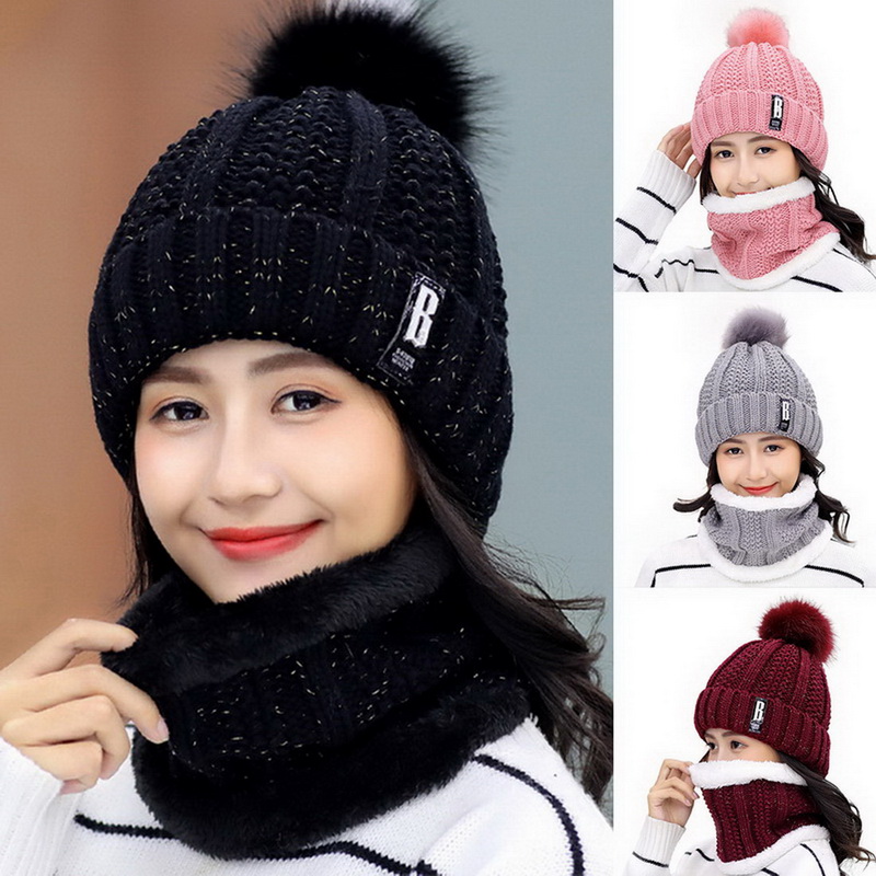 Cappelli lavorati a maglia invernali da donna Set di cappelli da sci caldi e spessi Berretti da berretto antivento femminili Set da equitazione all'aperto Sciarpa siamese Collare Regalo ragazza