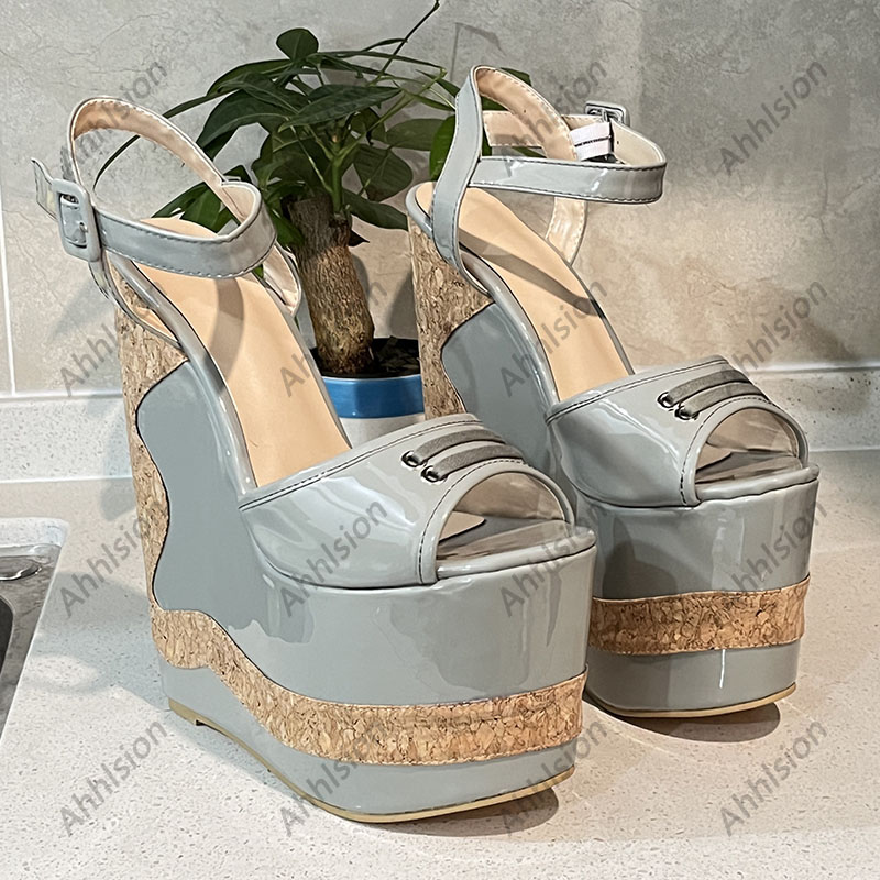 Sukeia Real Photos Women Platform Sandals Ankle Strap Ultra High Wedges Heels Peep Toe Nice Grey Party Shoes US Size 5-15