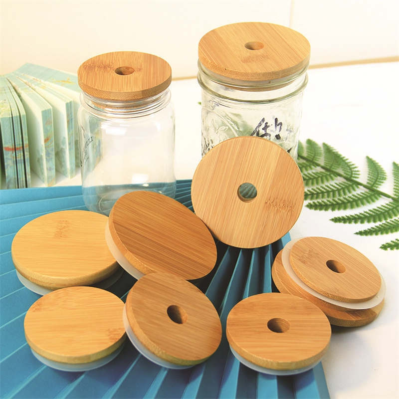 Bamboo Cap Lids 70mm 86mm Reusable Mason Jar Lids For Glass Straw Cups With Straw Hole and Silicone Seal ECO Friendly Bottle Caps Paint Mould Proof Leakproof Cover