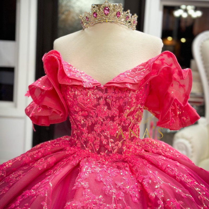 Rose Red paljetter Princess Quinceanera Dress Ball klänning V-ringning av axel 15: e festklänningsapplikationer Spets söt 16 klänning