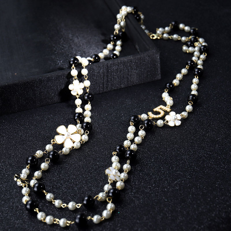 Fashion Pearl Beads Chain Necklaces Letter Double Layers Sweater Chain for Women Party Wedding Jewelry