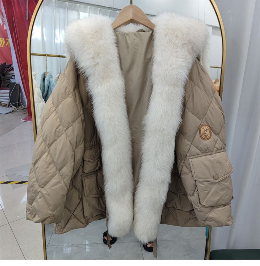 Manteau en duvet de canard blanc avec grand col en fourrure de renard naturel pour femme, parkas palazzo amples SM