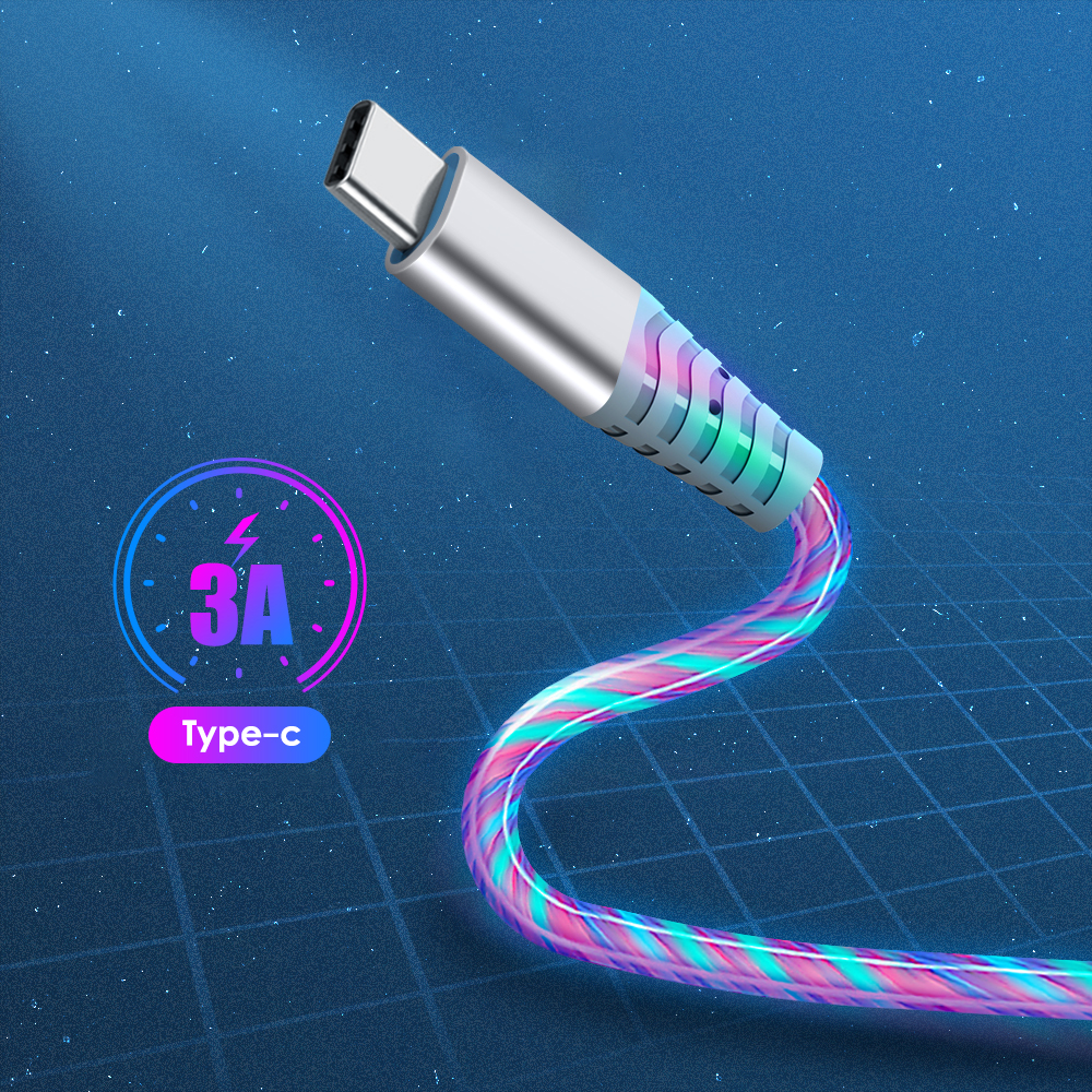 Snabb laddningskabel 6A Glödande LED -kabel Mikro USB Typec Datakabel Flödande strömmar LED USB C -sladd för Samsung Xiaomi