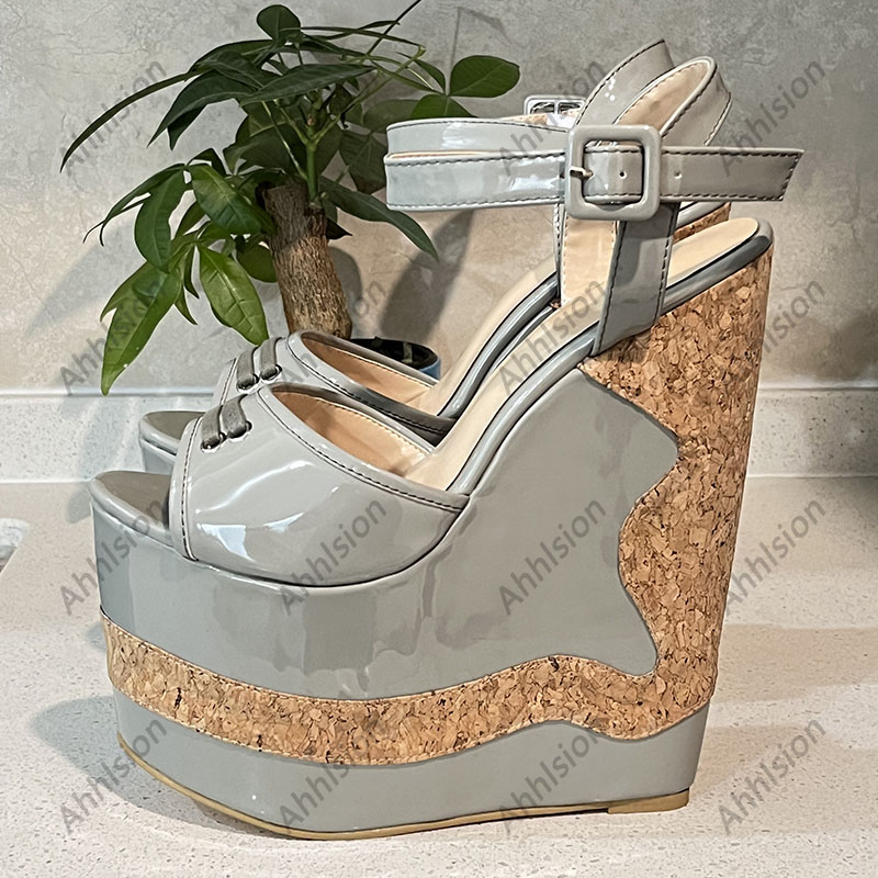 Sukeia Real Photos Women Platform Sandals Ankle Strap Ultra High Wedges Heels Peep Toe Nice Grey Party Shoes US Size 5-15