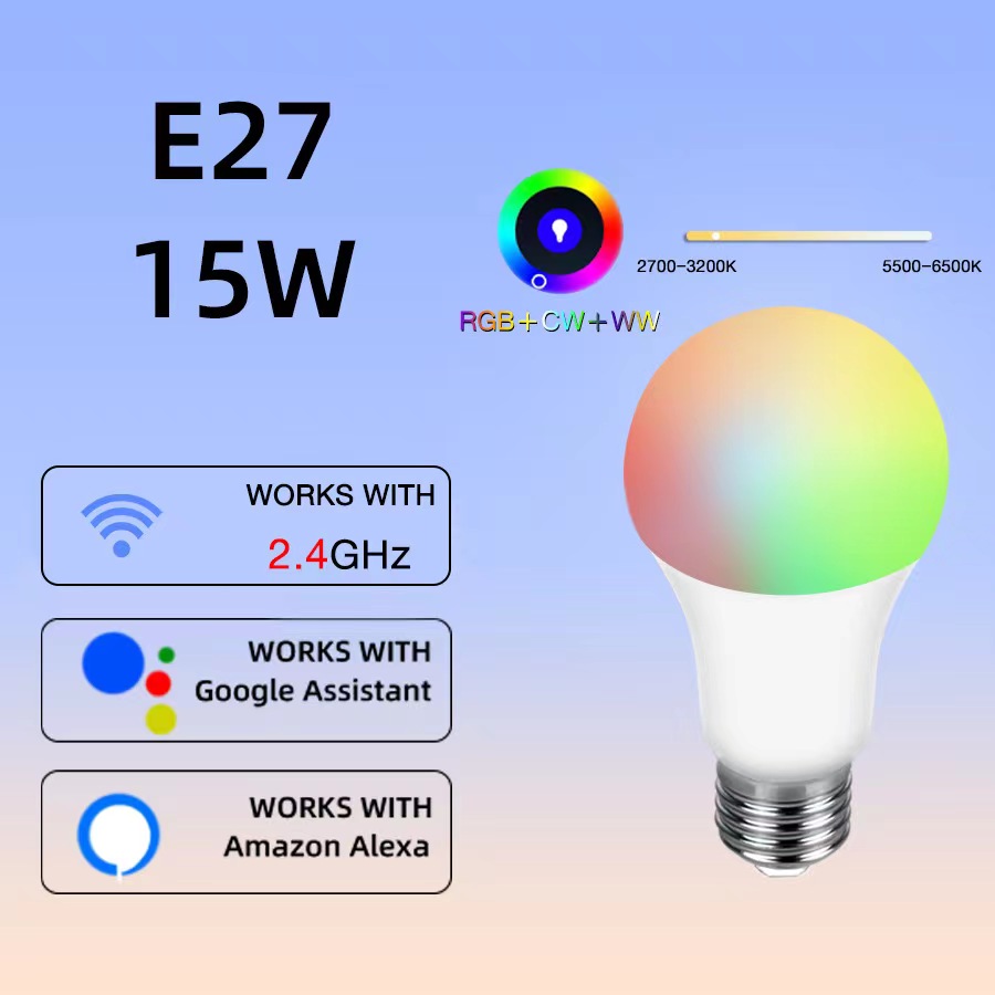 Lampadina LED intelligente WiFi 15W E27 LED RGBCW Lampadina intelligente Controllo vocale tramite Google Home Tuya Vita intelligente App Alexa RGB Lampada 110-220V