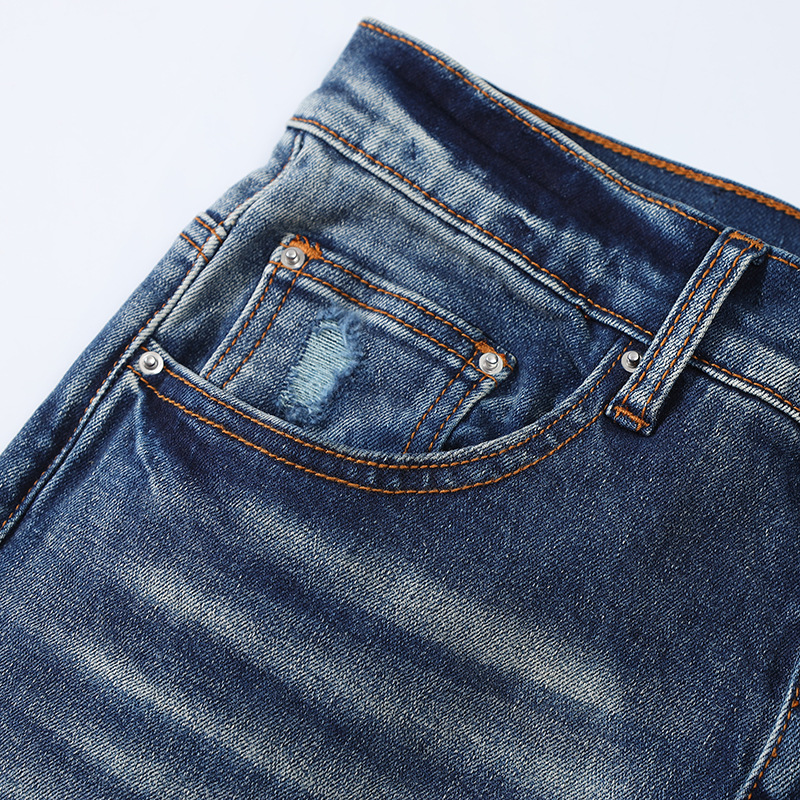 Herr jeans high street jeans män trasiga hål lapp bokstav broderi smal fit denim byxor