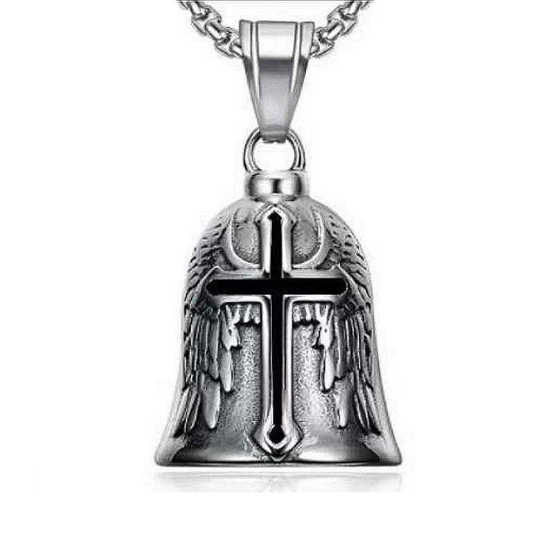 316L Stainless Steel Cast Vintage Bell Pendant Necklace High Polished Punk Motorcycle Angel Wings Nordic Viking Cross Ride Lucky Exorcism Mens Jewelry