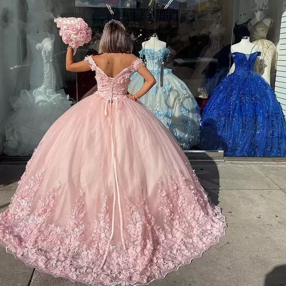 2023 Quinceanera Ball Gown Dresses Pink Off Shoulder Lace Appliques Beads With Hand Made Flowers 3D Floral Plus Size Prom Evening Gowns Corset Back