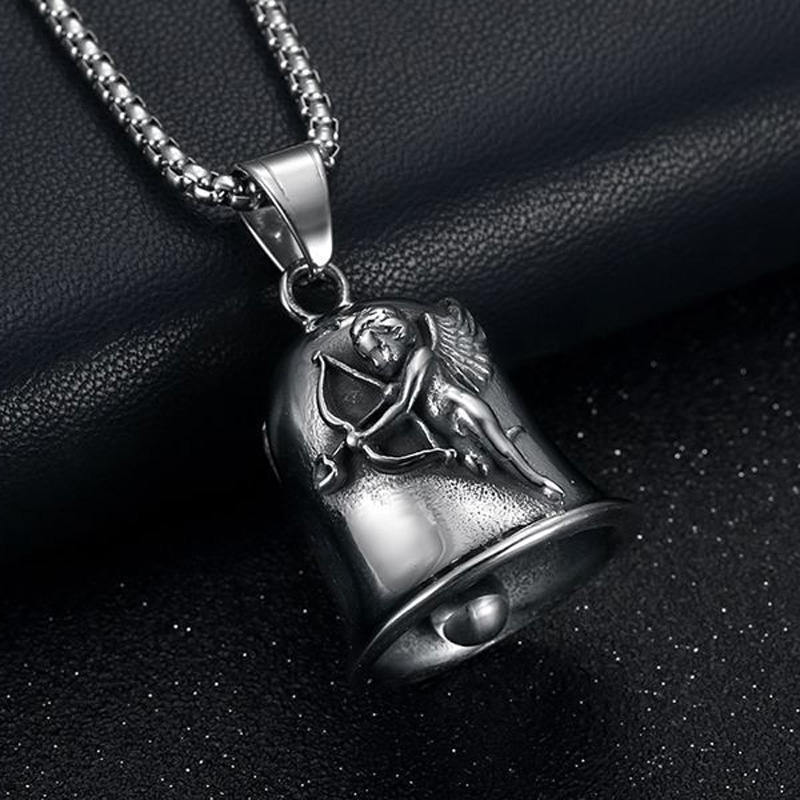 Collier pendentif cloche Vintage en acier inoxydable 316L, haute poli, Punk moto ange cupidon ailes nordique Viking Ride porte-bonheur exorcisme bijoux pour hommes