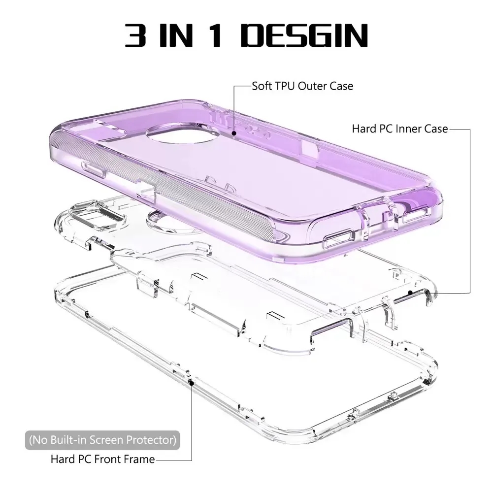 Cajas de teléfono de parachoques híbrido claro para iPhone 15 14 13 12 11 Pro Max XR XS X 6 7 8 Plus Funda de teléfono dura transparente resistente PC TPU 3 en 1