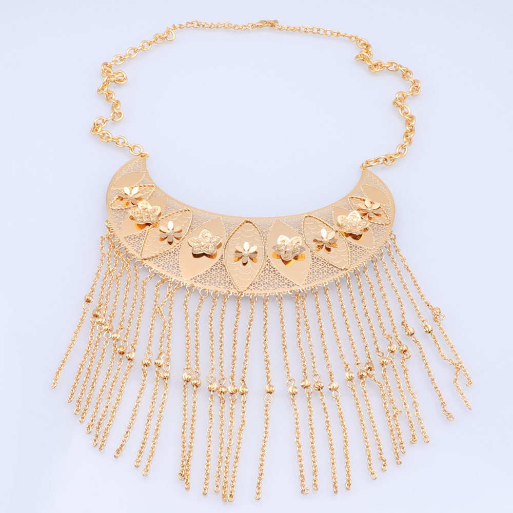 Women Luxury Dubai Gold Color Tassels Necklace Earring Ring Bangle Wedding Accessories Decoration Jewelry Set