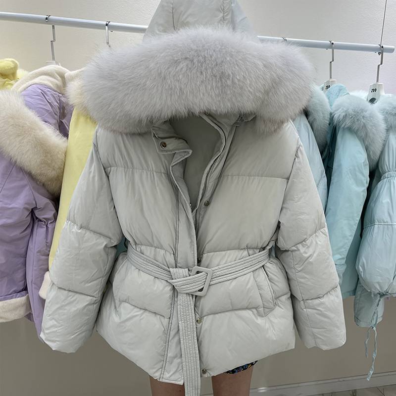 Manteau à capuche en fourrure de renard naturelle pour femme, avec ceinture en duvet de canard blanc, manteau chaud et épais, parkas SM