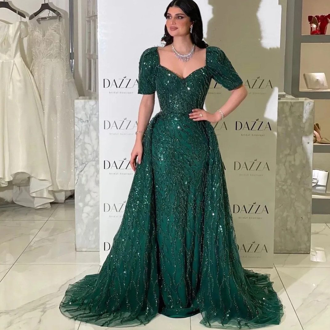 Dubai Green Sequined Beading Mermaid Evening Dresses With Detachable Train Saudi Arabic Women Party Prom Gowns Vestidos De