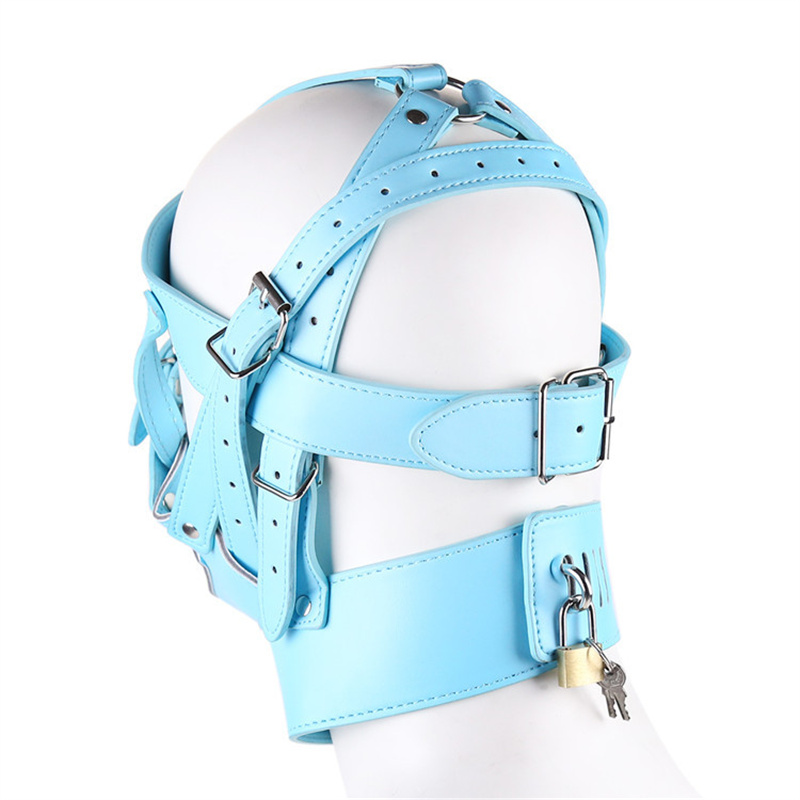 Accessori costumi 2023 New Blue PU Leather Scava Fuori Bondage Testa Cappuccio Cerniera Maschere il viso Cosplay Party Maschera la testa sexy uomo con serratura