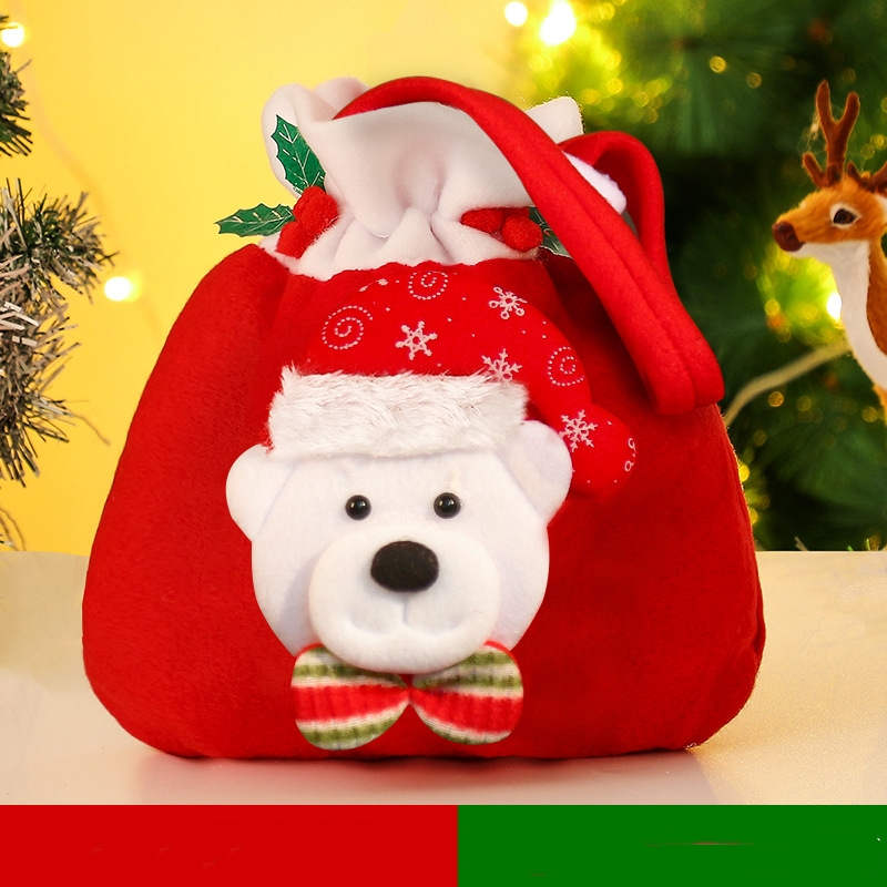 Portable Christmas Love Gift Påsar Wrap Ludd 23*20cm Santa Sack Snowman Little Bear Elk Pattern Party Supplies för festliga julklappar Candy Sugar Apple lagring