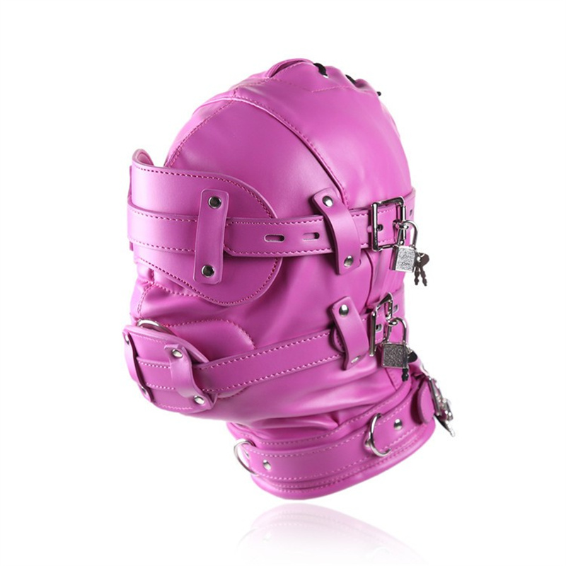 Accesorios de disfraces Cuero de imitación Rosa PU Máscaras de capucha sexy Disfraces Cosplay para adultos Fiesta Mascarilla Capucha ajustable con los ojos vendados con cerradura Juego de rol punk