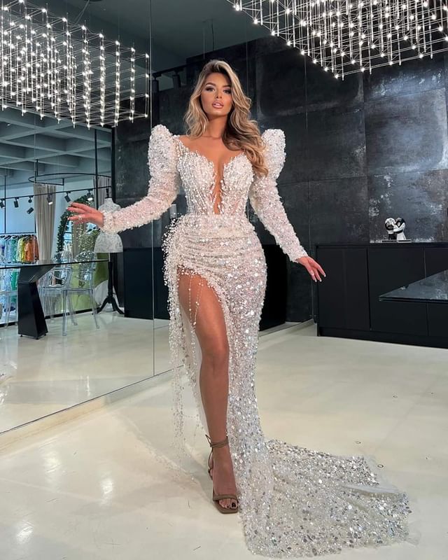 2023 Aso Ebi Árabe Sereia Marfim Vestido de Baile Frisado Lantejoulas Lace Noite Festa Formal Segunda Recepção Aniversário Vestidos de Noivado Vestidos Robe De Soiree ZJ377