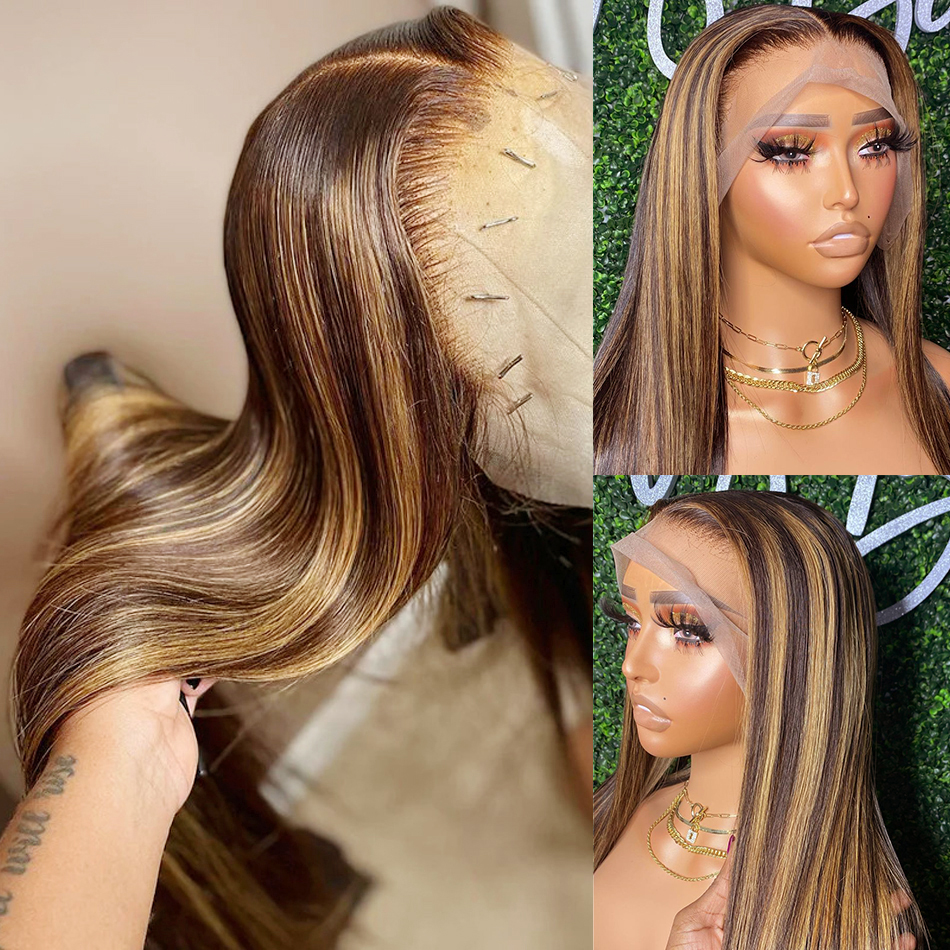 Perruque Lace Front Wig synthétique brésilienne lisse à reflets HD, perruque sans colle ombrée, couleur blond miel, perruques synthétiques pour femmes