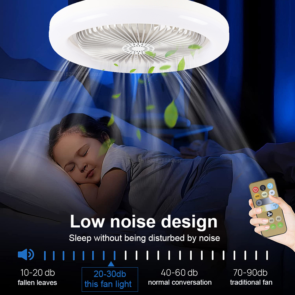 Ventilateur de plafond électrique silencieux, 30W, avec lampe d'éclairage LED et télécommande, Base de convertisseur E27, pour salon et chambre à coucher