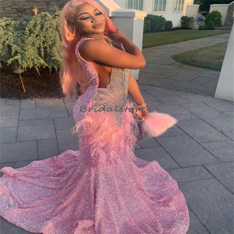 Aso Ebie Sequin Pink Prom Dress For Black Girls With Feather Rhinestone Beaded Evening Gowns Pageant Formal Luxury Arabic Dubai Vestidos De Noche Robes De Soiree