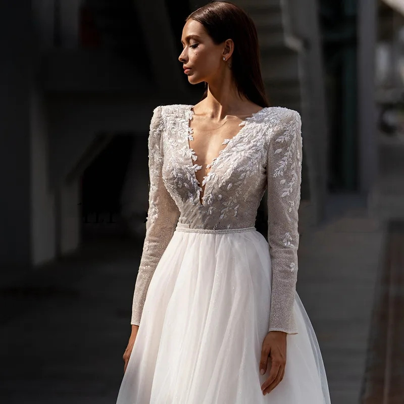 Vestidos de novia bohemios blancos, vestido de novia con purpurina de manga larga, vestidos de novia con apliques de línea a de tul, tamaño personalizado