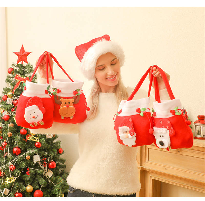 Portable Christmas Love Gift Påsar Wrap Ludd 23*20cm Santa Sack Snowman Little Bear Elk Pattern Party Supplies för festliga julklappar Candy Sugar Apple lagring