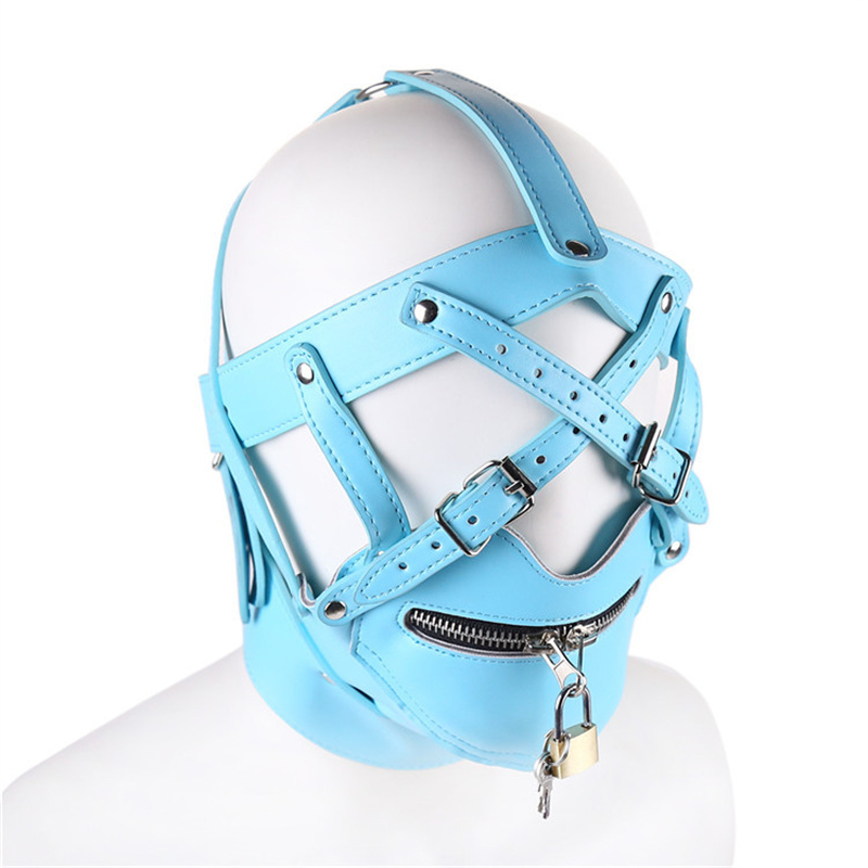 Accessori costumi 2023 New Blue PU Leather Scava Fuori Bondage Testa Cappuccio Cerniera Maschere il viso Cosplay Party Maschera la testa sexy uomo con serratura