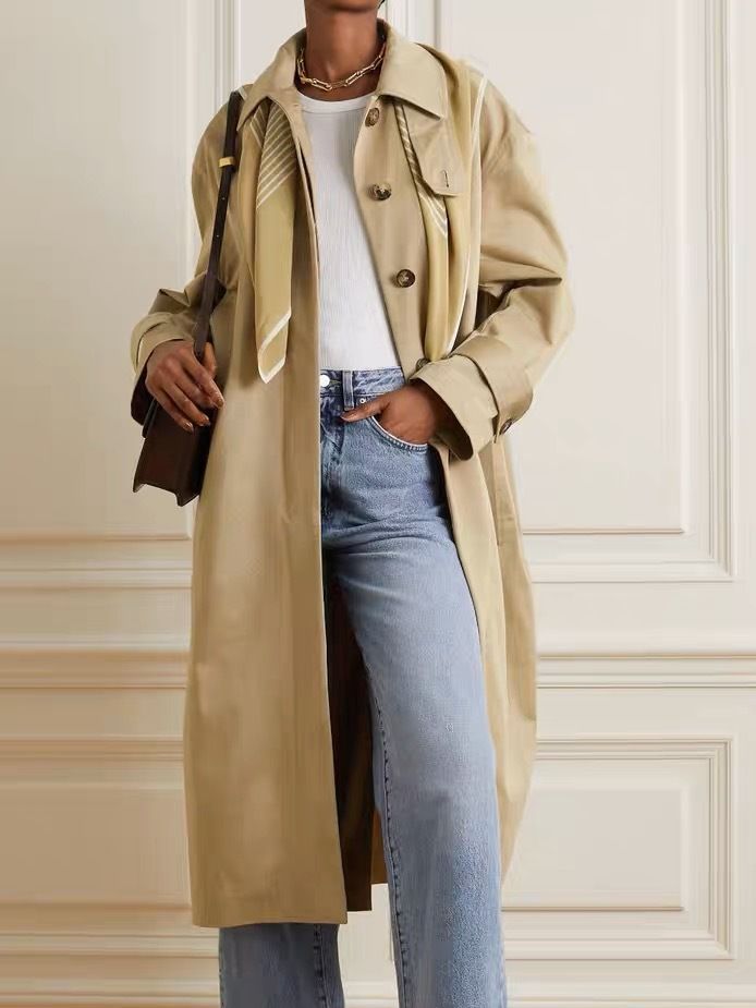 23 Spring/Summer minimalist classic t otem wide cotton detachable collar over knee length trench coat