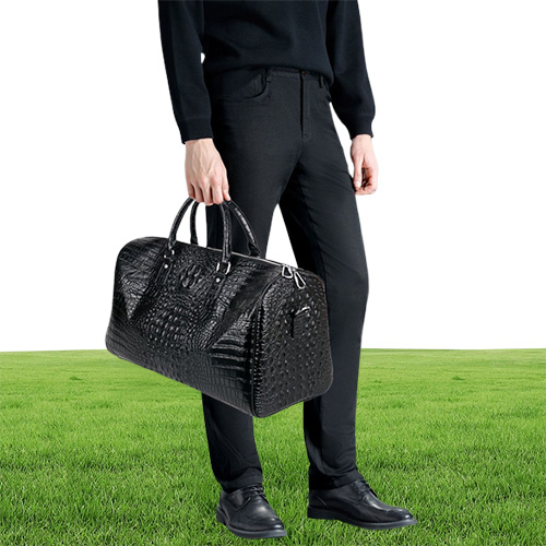 Male Genuine Leather Travel Bag Large Crocodile pattern Big Fitness Handbag Luggage Drums Shoulder Business computer Bags Black Me9273539