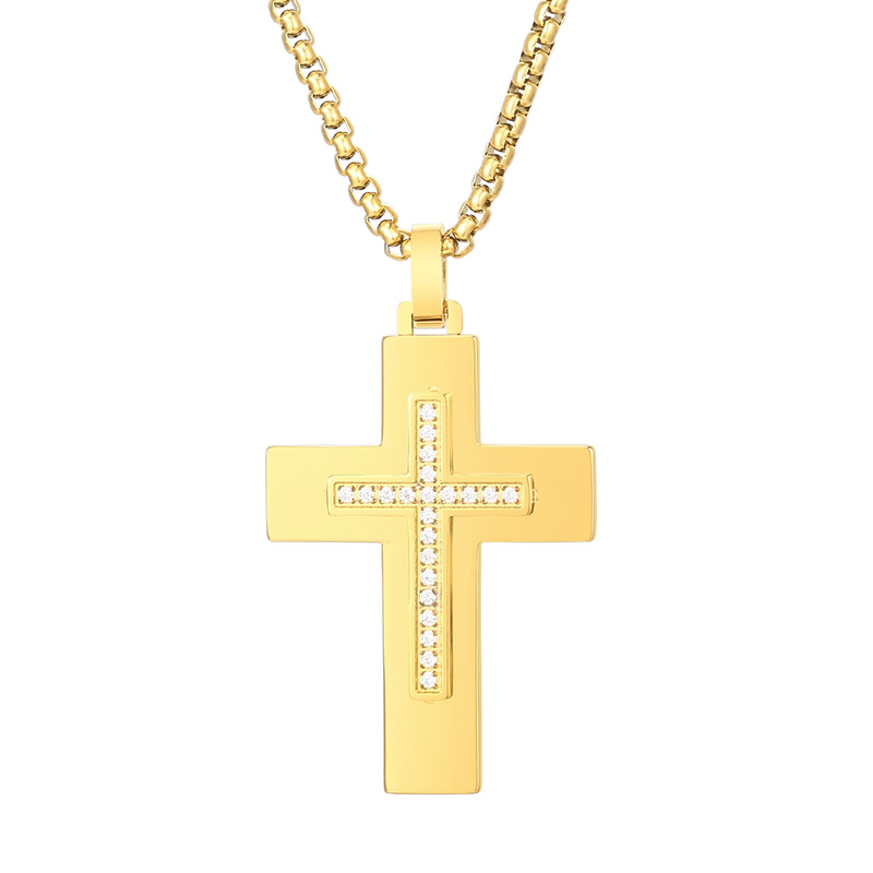 Bijoux en or / argent CNC Zircon Double croix carrée chaîne Rolo collier en acier inoxydable pour hommes élégants pour dames garçons cadeaux 3mm 24 pouces